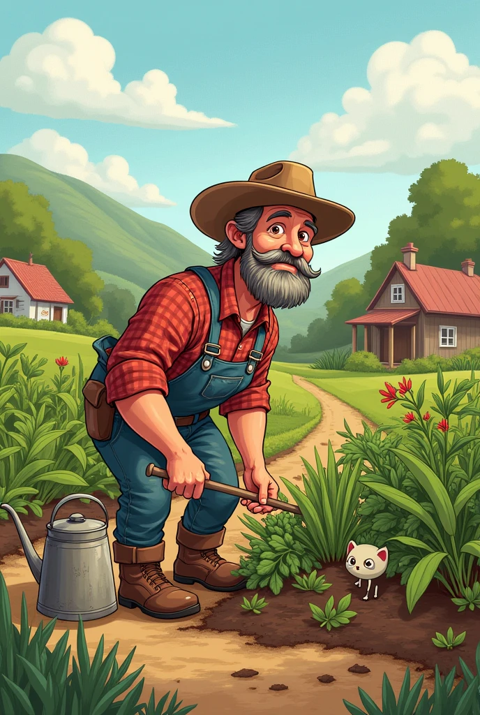 I need to cartoon poor, mid- farmer, hardworking . His garden working.
