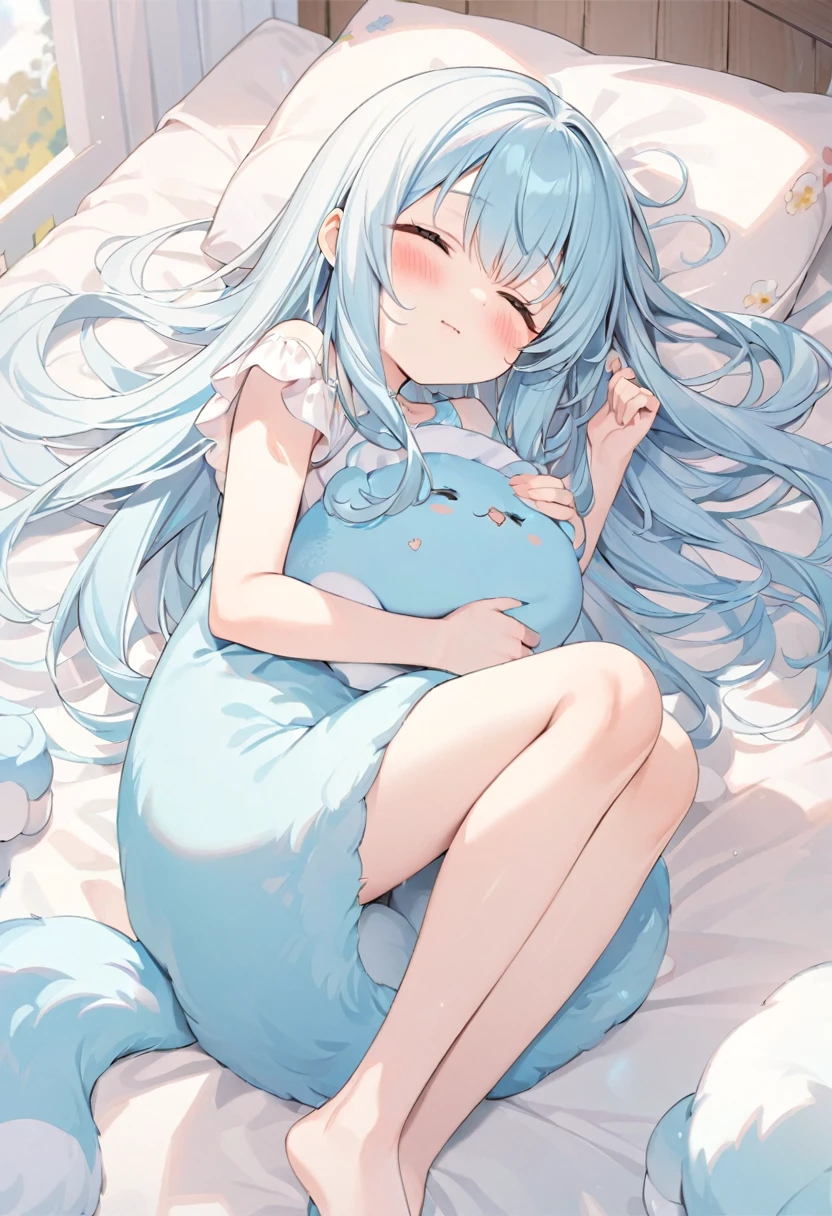 solo,, masterpiece, best quality, extremely detailed, (illustration, official art:1.1), 1 girl ,(((( light blue long hair)))), ,(((( light blue long hair)))),light blue hair, , long hair ((blush)) , cute face, big eyes,One girl, fluffy、Loose、A heartwarming world、masterpiece, Highest quality,Super detailed, One girl, From above,Little,,Sleep,,Animal costumes,Sleeping on the bed、pastel colour、cute、