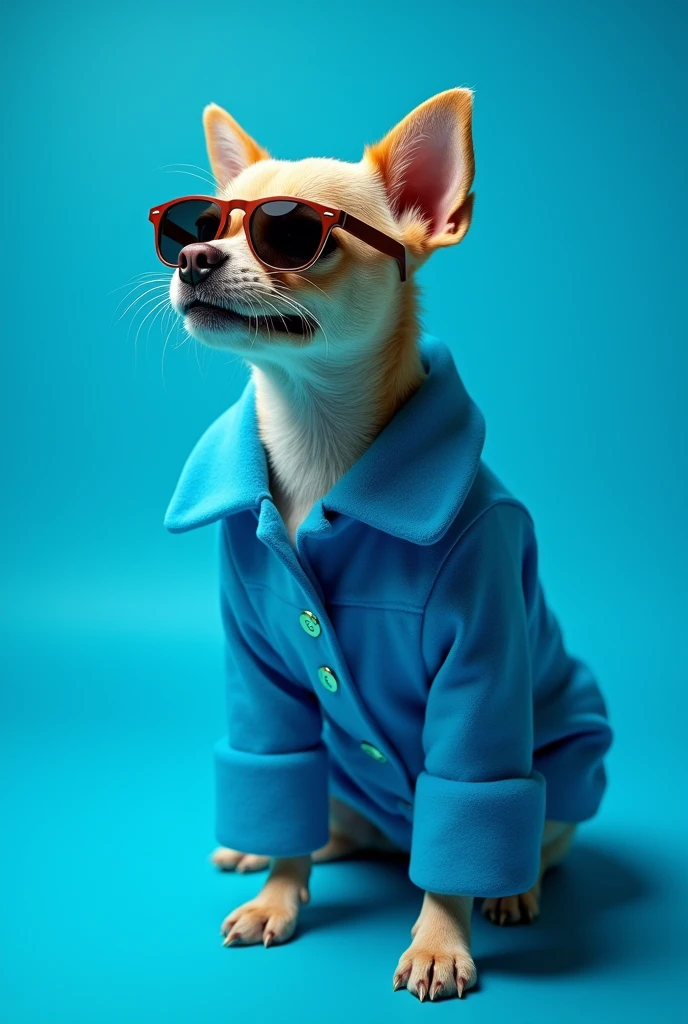 The best cell phone wallpaper, Award-Winning Wallpaper, portrait photography, In the front view is a portrait of a cute dog wearing mid-1960s space age fashion, Side view photo, Shot with Canon EOS R5, Set a strong contrast that accentuates the subject, Fluorescent blue tone, Wearing a very modern coat and sunglasses is a modern 1960s style, Clothes all in one color, beautiful background