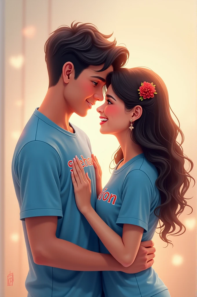 A couple is embracing each other warmly. They are both dressed in blue outfits— the boy’s shirt features the name "Sneha" prominently, and the girl’s shirt has the name "Srijon" on it. They are smiling at each other, creating a tender and affectionate scene. The background could be a soft, neutral color or a gentle, romantic setting to complement their connection.