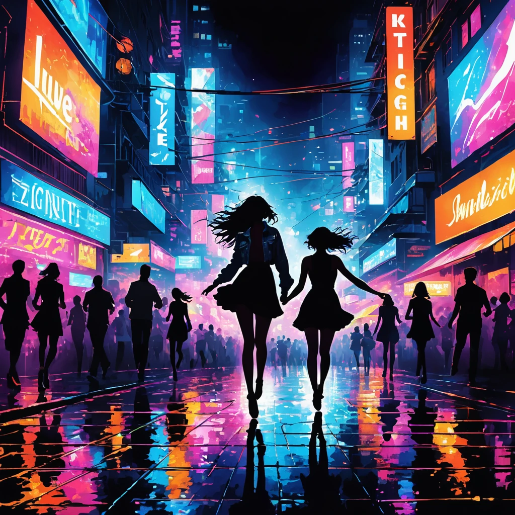 An electrifying city nightlife scene with vibrant neon lights against a dark backdrop. The streets are filled with energy, capturing the pulse of the music and movement. A dynamic silhouette runs through the illuminated streets, embodying the thrill and excitement of the nightlife. Laser beams and light echoes fill the air, creating a sense of endless motion and vitality. The atmosphere is one of freedom and exhilaration, emphasizing themes of music, dance, and the vibrant rush of the city night.