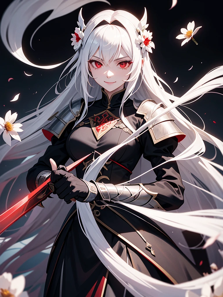 woman, red eyes, white long wavy hair, noble, wearing a black unifrom, fighting with a sword like a female knight, wearing flowers on her head. sadistic smile. cruel