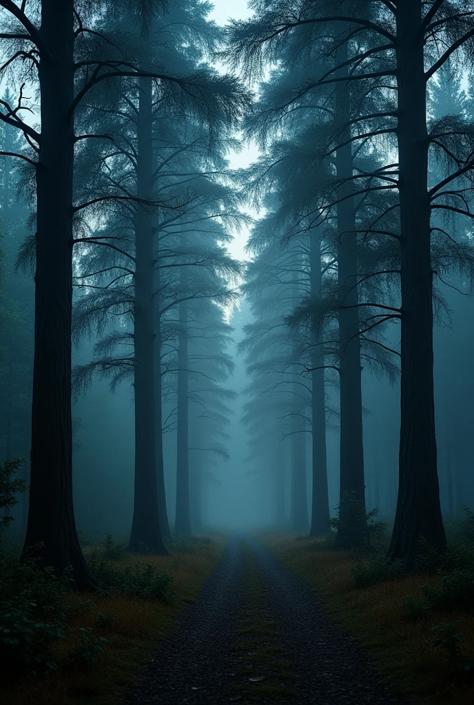 forest with giant trees, with a little darkness