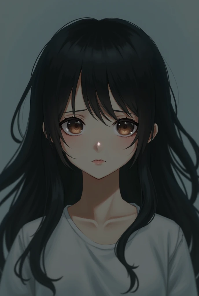 A girl with a round face, black hair and brown eyes who is sad