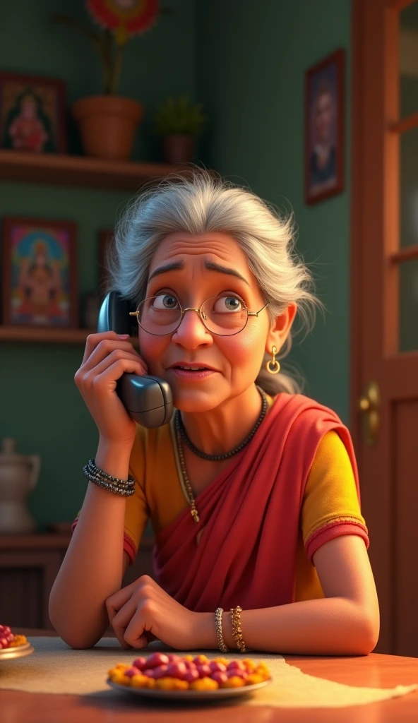 In cinematics 3D cartoon style " Gau​​ri Ba, now older, on the phone, pleading with her sons to come home for Diwali, her face showing a mix of hope and resignation"