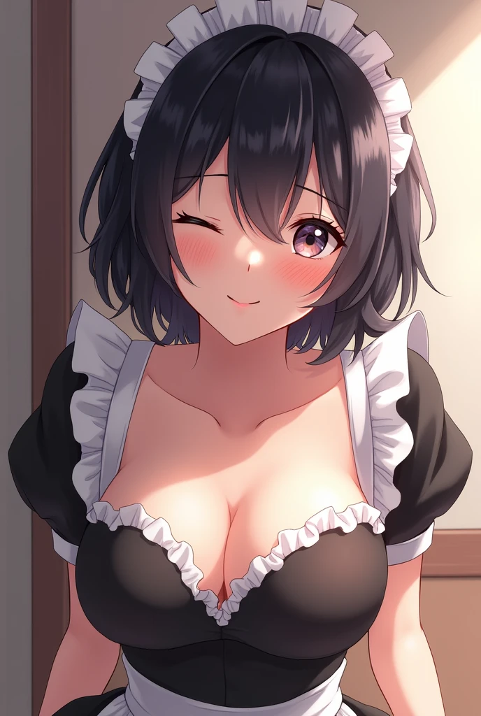 Black-haired maid with eyes closed。Smiling。The hair is a little short。She is showing her breasts and blushing with embarrassment.