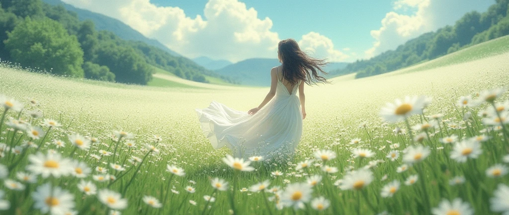 A greeny landscape with ocean of white flowers and the ambience is so light and peaceful where a woman with a long hair and wearing a white dress running in the midst of it. make the picture from the sky down to landscap
