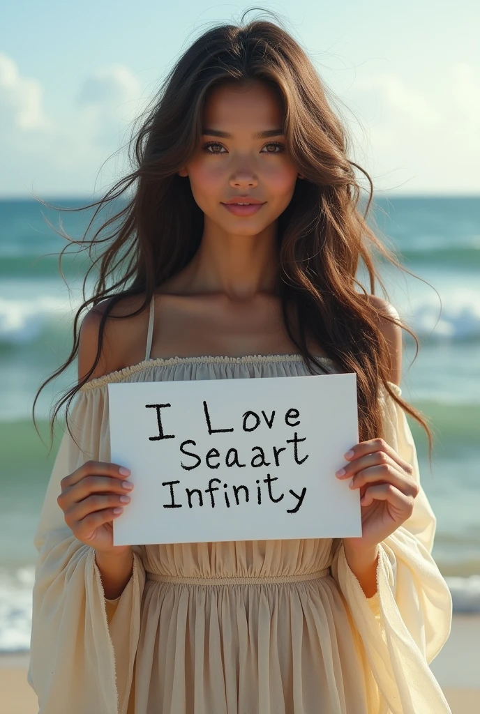 Beautiful girl with wavy long hair, bohemian dress, holding a white board with text "I Love Seaart Infinity" and showing it to the viewer