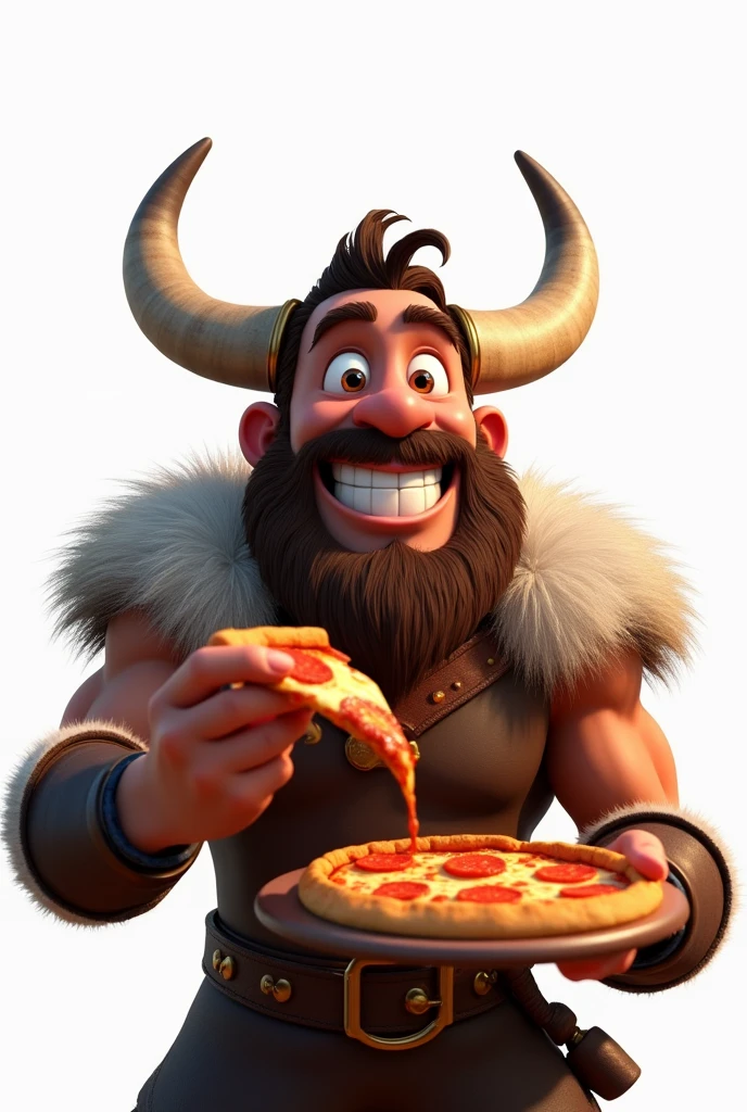 Illustration of smiling viking man eating pizza, insane smile, brown skin man with a giant grin, smiling happily at the camera, Valhalla Hall, smiling male, headshot profile picture, laughing huge smile, drawing in 3D Art style, C4D, pure white color background, Disney style, pixar style render illustration Super Detail, 8k