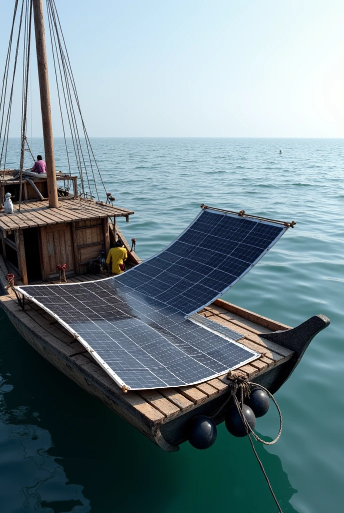 Generate flexible solar panel attached to a side of fishing boat in sea rollable mechanism solar panel which is floating on the sea cylinder part is for solar panel rolled up. The solar panel should be floating on the sea.The edges of the solar panel should be attached with balloon or floating mechanism attache a mechanism to solar panel to float