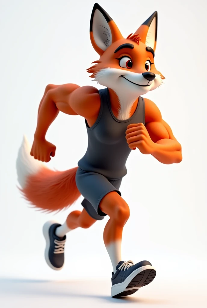 A realistic 3D cartoon muscular male fox, running wearing exercise clothes and running shoes, from sideways 