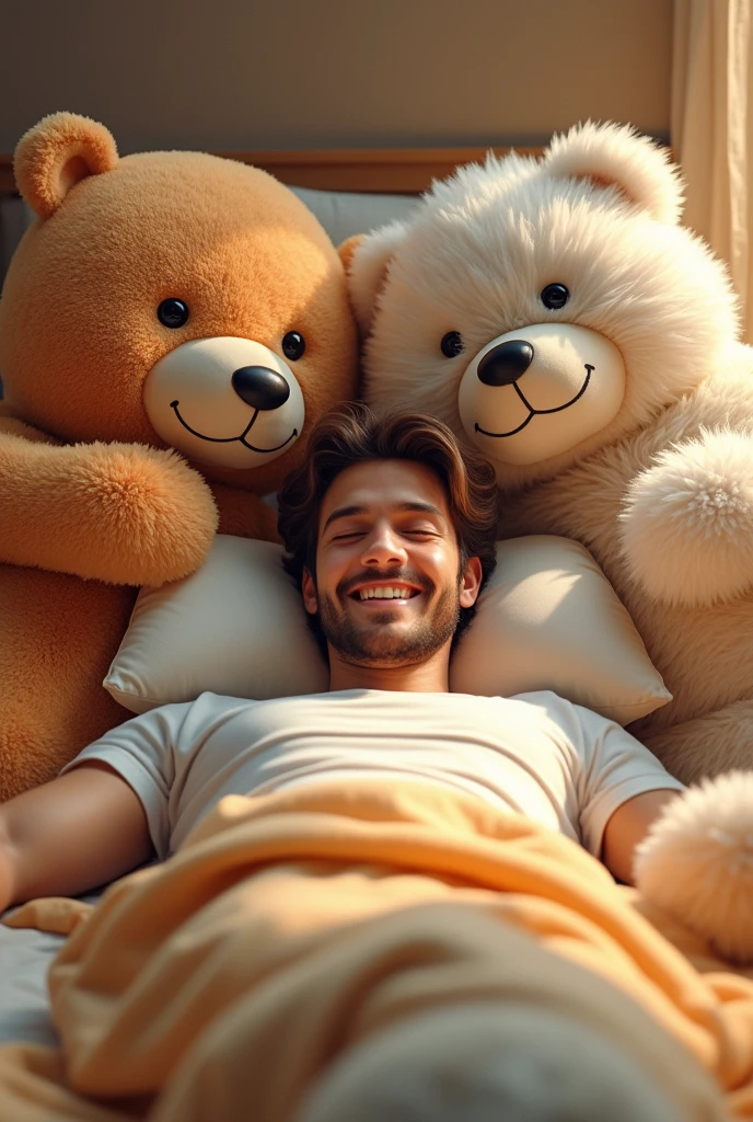 Smiling man with brown hair laying on bed with a giant stuffed animal bear and giant stuffed animal dog