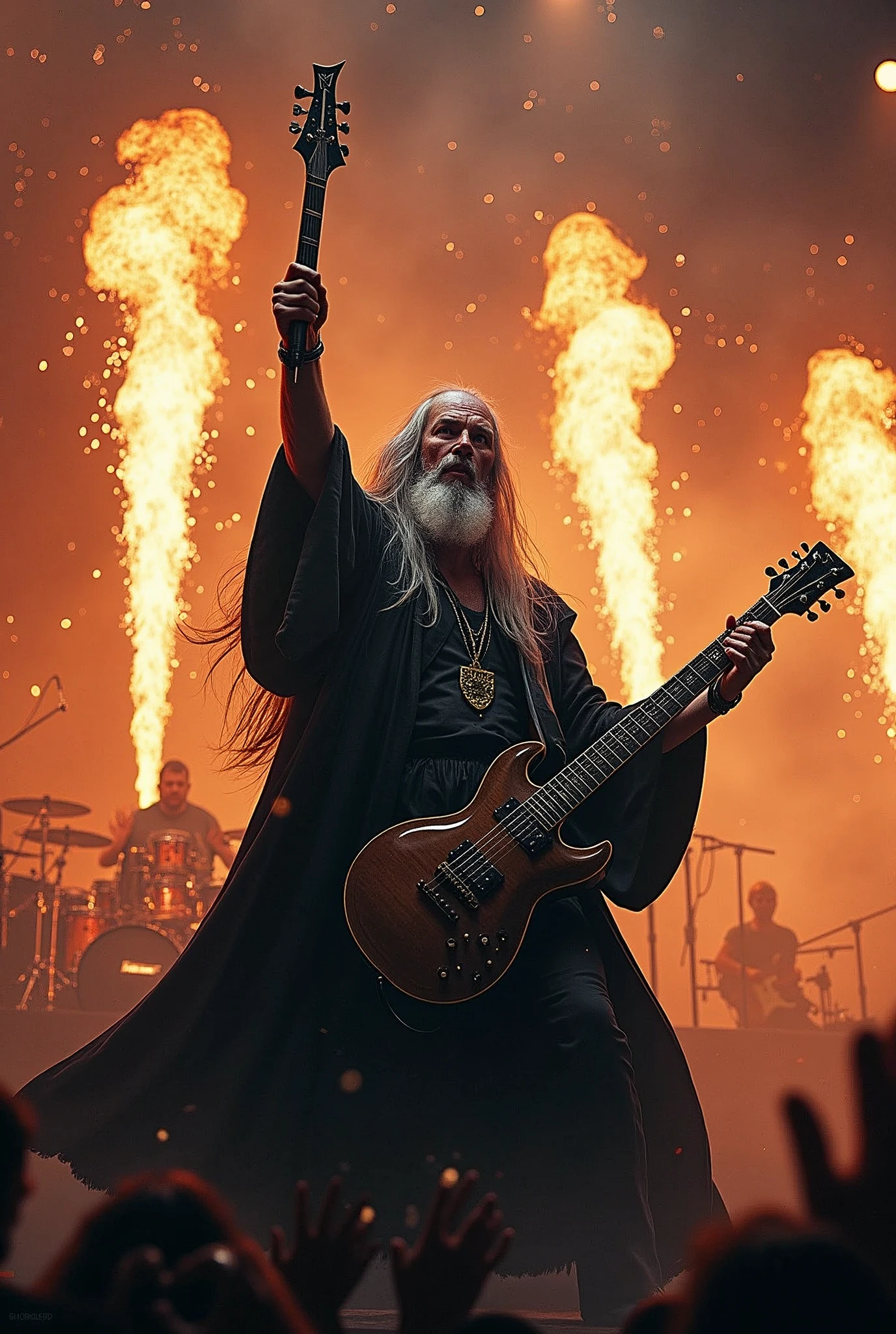 heavy metal wizard, electric guitar,gandalf,rock band, drums, microphone, stage, scream, energy,fireworks, fire, sweat, dance,