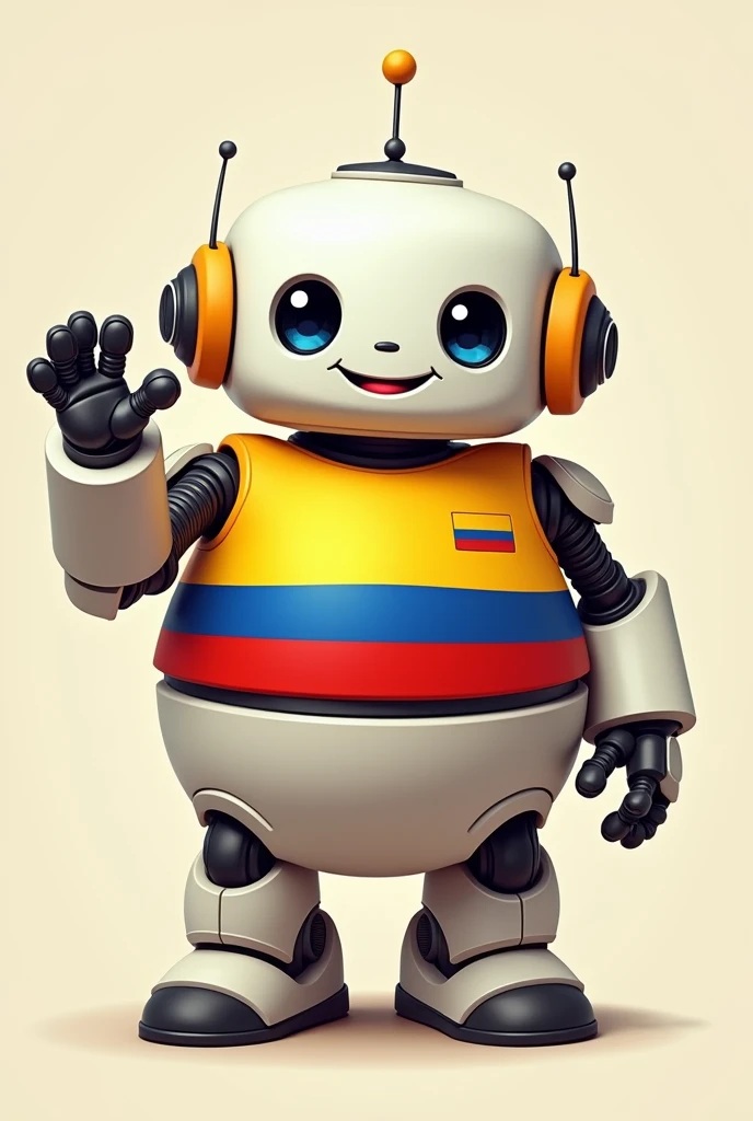 Chubby little friendly robot wearing a Colombian flag shirt waving with one hand