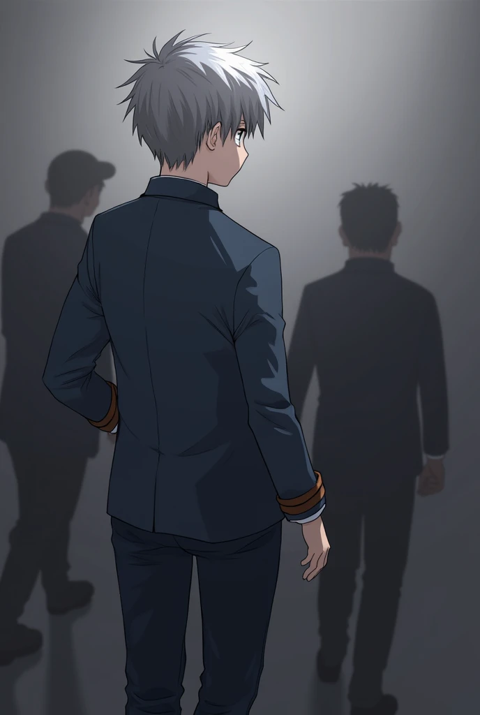 (Raw work,Better Quality:1.1), 1boy alone, One boy, alone, short hair, Black color uniform, Gray Hair, go, Neutral lighting, Tension Scene, Arrest of a bystander, Blue jacket