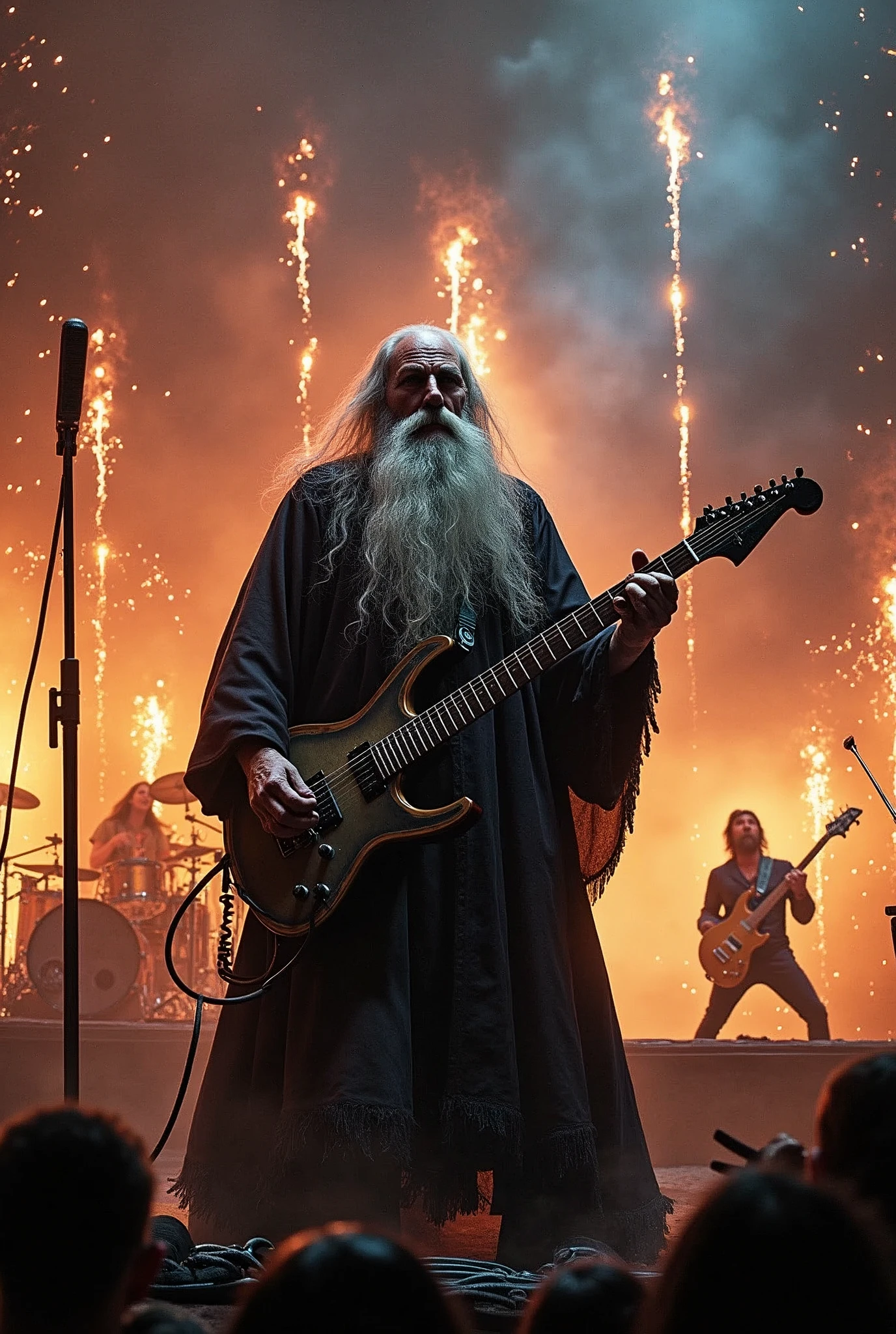 heavy metal wizard, electric guitar,gandalf,rock band, drums, microphone, stage, scream, energy,fireworks, fire, sweat, dance,