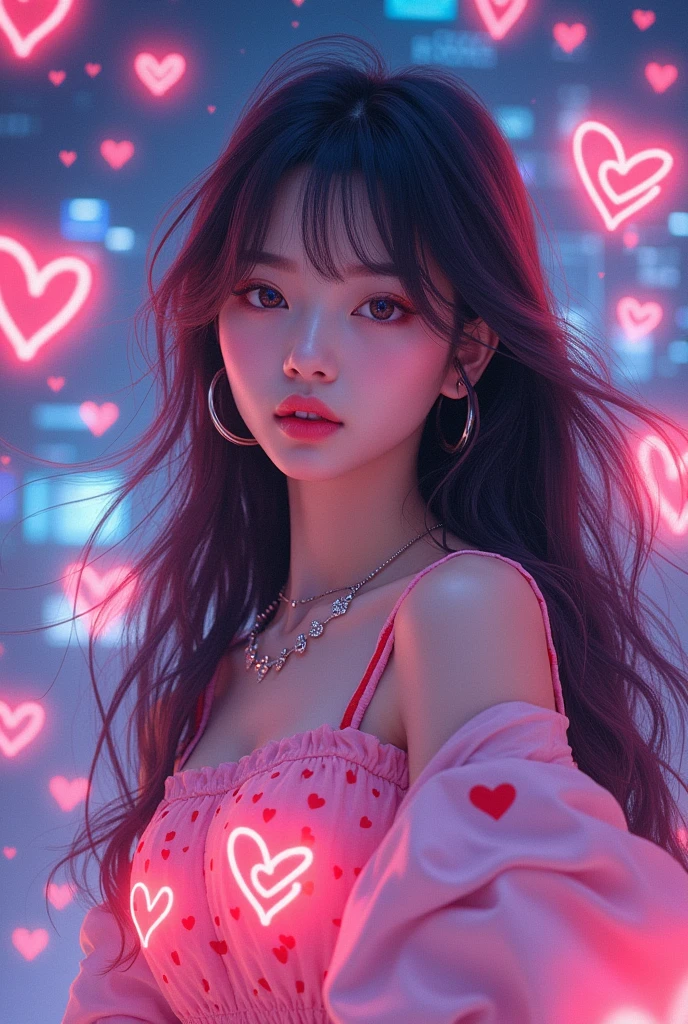 1 Kpop girl With y2k vibe long hair with bangs and surround by hearts and electronics and with a cute heart top