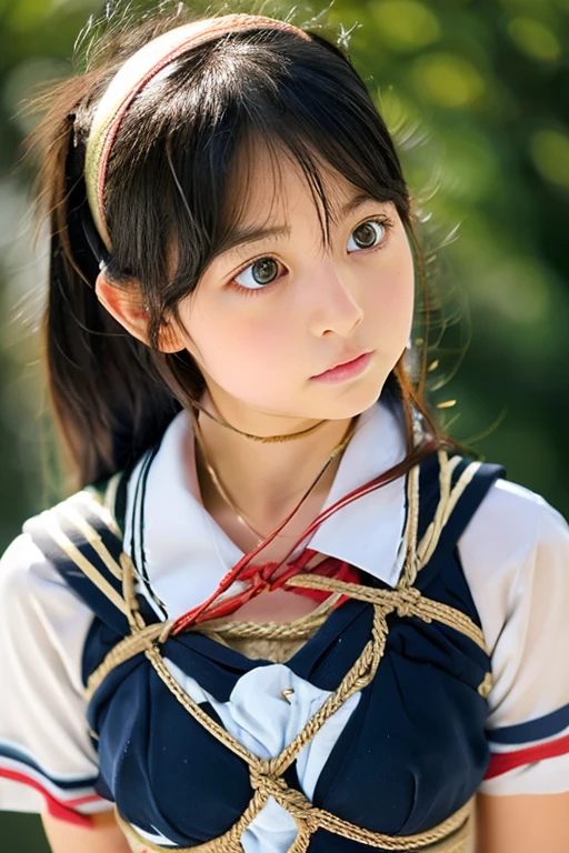 (Highly realistic photos, High resolution, Detailed face, Detailed eyes) slim Japanese junior high school student, Cute Face, alone:1, Slim figure, Completely naked, Photo from the waist up、Giving a blowjob、deep throat、Artistic binding、hemp rope bondage