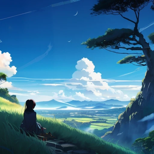 anime landscape of a girl＆cute corgidog sitting on a hill with grasses with dark blue clouds, blue cere madder sky  lightly big bell   with few clouds, anime nature wallpapers, beautiful anime scene, beautiful anime peace scene, Makoto Shinkai Cyril Rolando, beautiful scene of anime, amazing wallpaper, anime art wallpaper 8k, anime background, art anime background, anime 4k wallpaper, anime art 4k wallpaper, anime art 4k wallpaper,  prayer of requiem  prayer of requiem