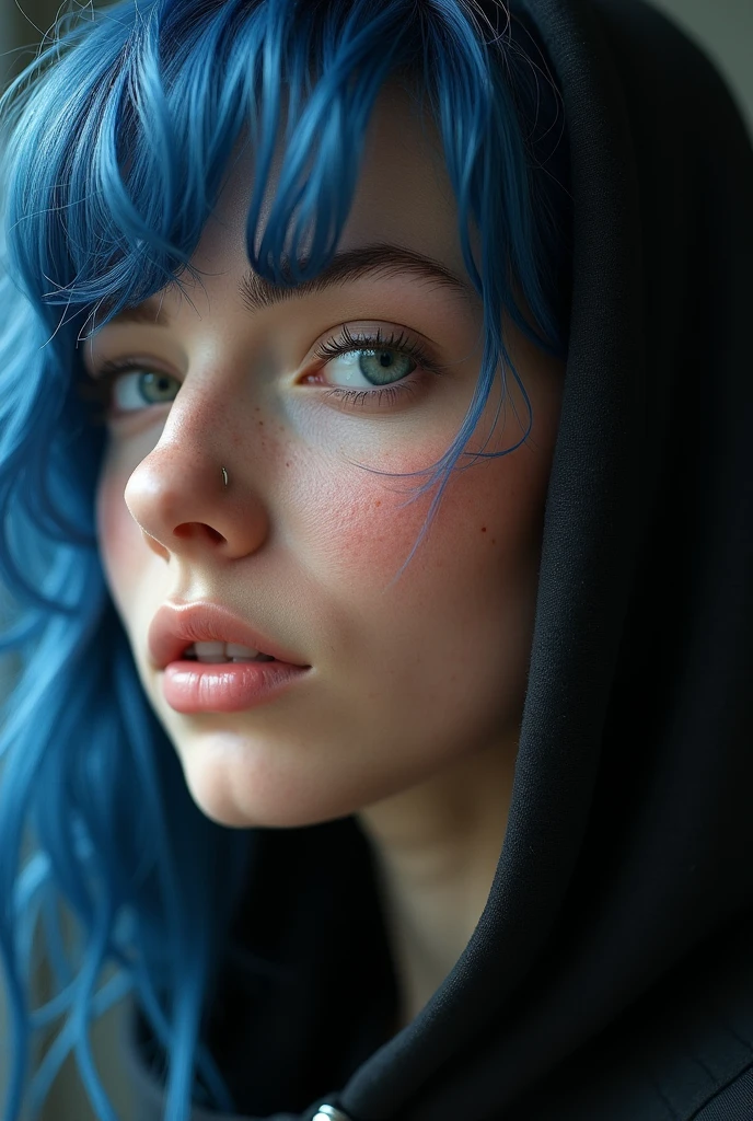Ultra-realistic capture, Highly detailed, High resolution 16k close-up of human skin. Skin texture must be natural, With such detail that pores can be finely identified, Skin should look healthy, In a uniform tone, Use natural light and color, photo realistic, Full Body Shot, full body, downer, (Indigo blue hair)+(long hair)+(messy hair), Black hoodie, Denim Shorts