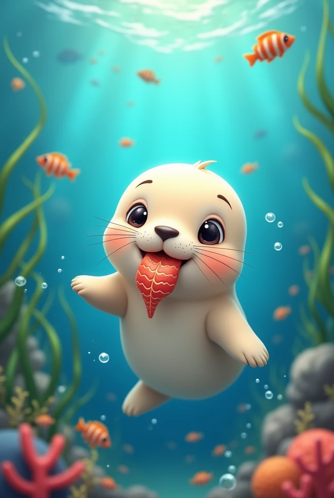 Cute seal in the sea eating meat