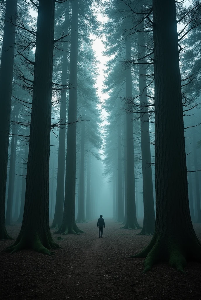 forest with giant trees, with a little darkness, trees much bigger than people