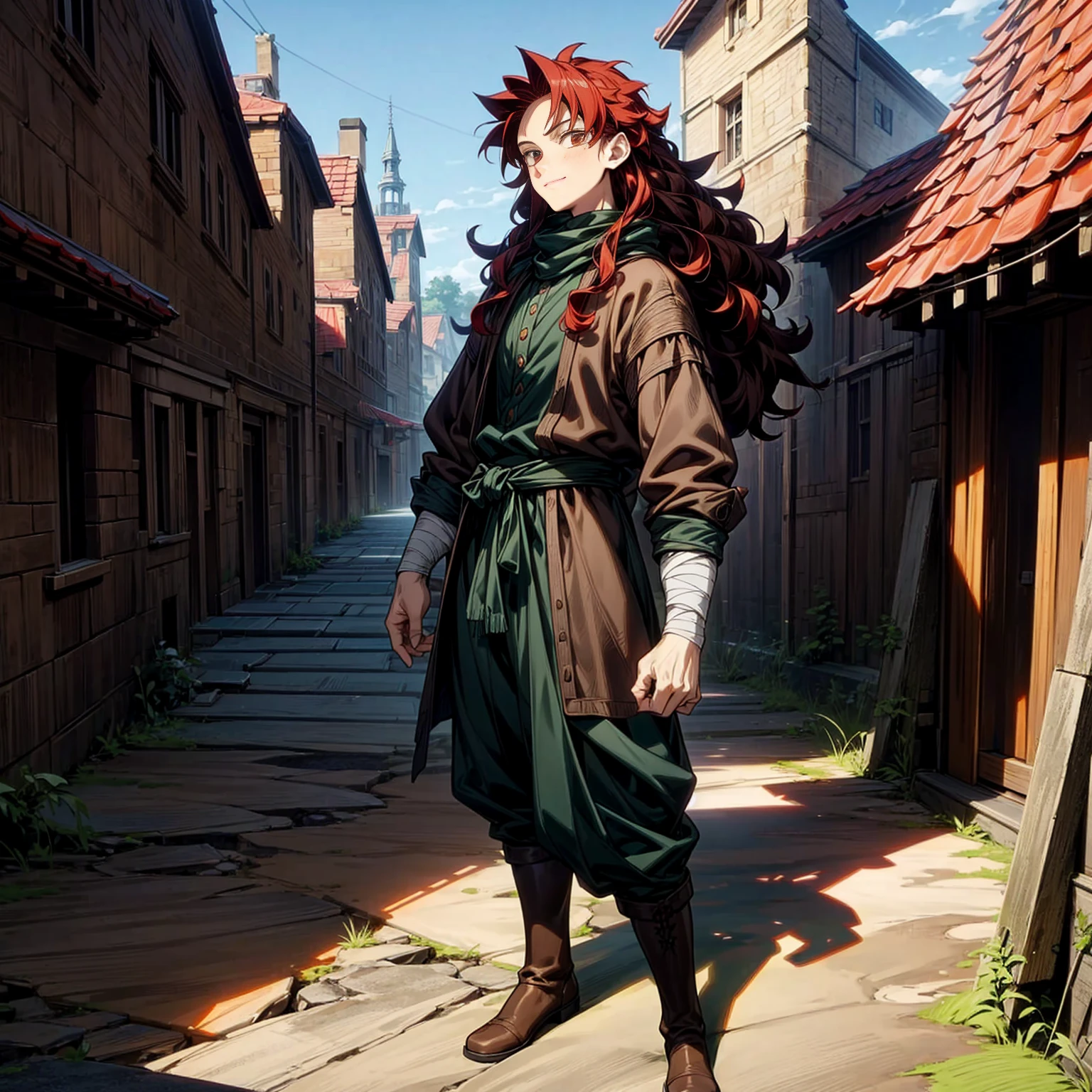 Solo character, full body version, young man, muscle, tall height, brown eyes, red color hair, long curly hair, casual clothing, black color clothing, bandage, boots, outdoor, village, medieval, morning, detailed background, detailed clothing, detailed hair, happy, (Hunter x Hunter style art), standing gesture 