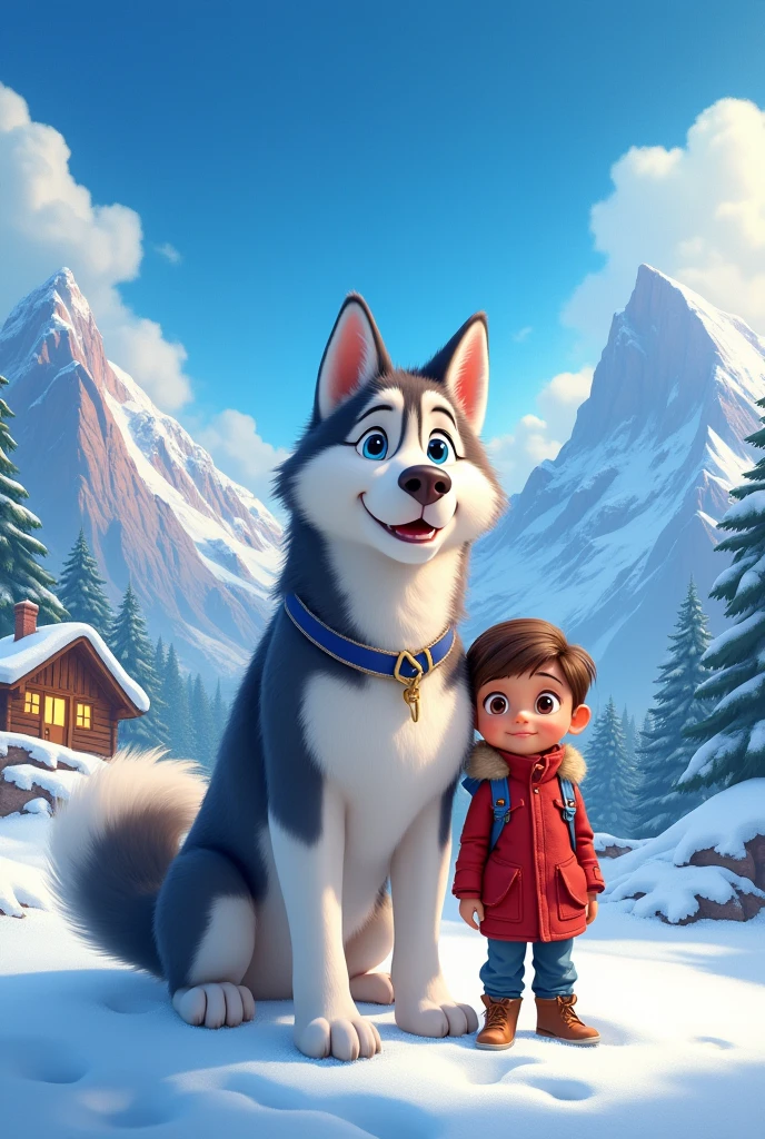 Create a Disney movie poster of a husky dog named Kira with a fat 16-year-old boy and a skinny 11-year-old girl