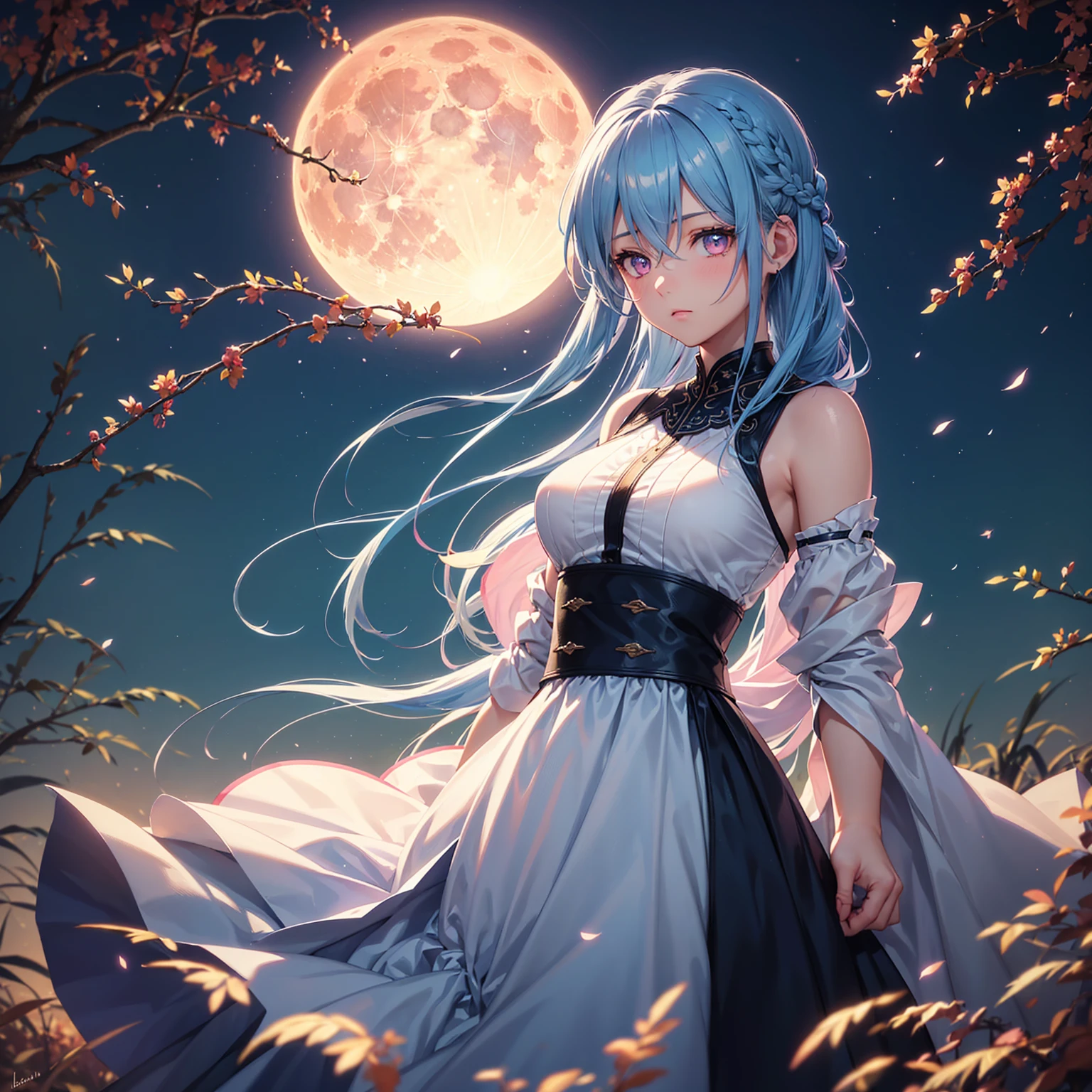 (Braiding),(Sky blue hair), (Pink eyes),(Fair skin) ,(whole body),(One Girl),(harvest moon),(A large amount of Miscanthus sinensis in the background),autumn,(full moon),(masterpiece, Highest quality, Very detailed, Best Shadow), (Detailed Background), (Beautifully detailed face), High Contrast, (Best lighting, Very delicate and beautiful), ((Cinematic Light)), Hyper Detail,8k, Dramatic Light, Intricate details