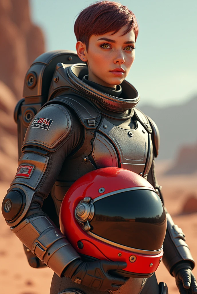 An astronaut with short marsala hair, honey-colored eyes, holding a red norisk motorcycle helmet