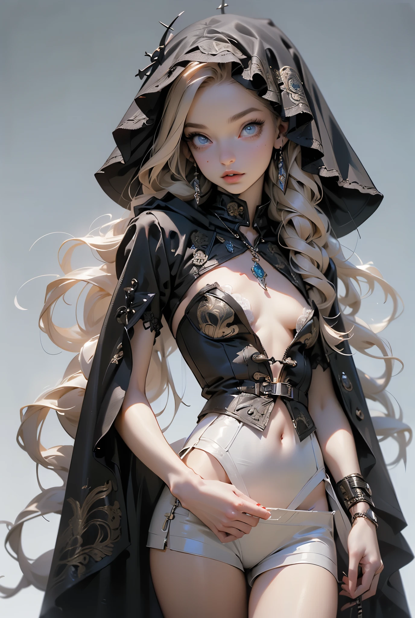 (((masterpiece, of the highest quality, super detailed))), (a witch belonging to an occult order of knights), (a knight crossed with a witch), Victorian era inspired, ((minimal but intricate beautiful armour)), Fluttering lace flared dress with frilly petticoats, ((nier automata meets bloodbourne)), ((((Highly detailed face))), (((Very sharp focused eyes))), very long eyelashes, small breasts, (((flat chest:1.1))), occult aesthetic, (red and white clothing detailed and intricate steampunk and detailed gothic), (with a hood), complex lace boots,