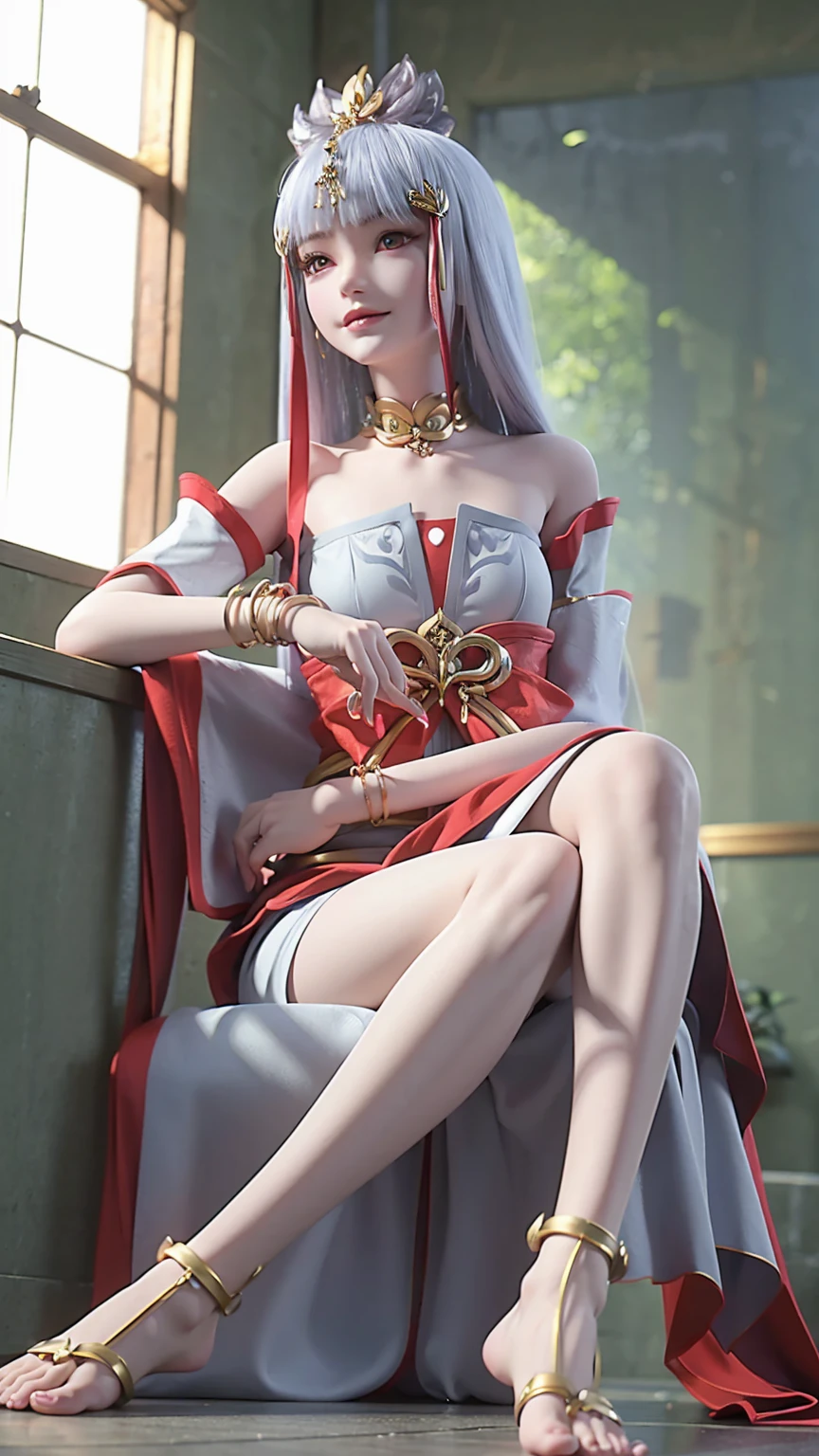 masterpiece, best quality, tthl, 1 Girl, 16 years old, Solitary, Long hair:1.2, Large Breasts,, Hair accessories, skirt, Bare shoulders, Jewelry, Alternative clothing, bracelet, ear rings, 长skirt, 蕾丝skirt, bracelet, barefoot, 细barefoot, Charming smile,Cross your legs, Sitting in the bathtub, indoors, From below,camisole