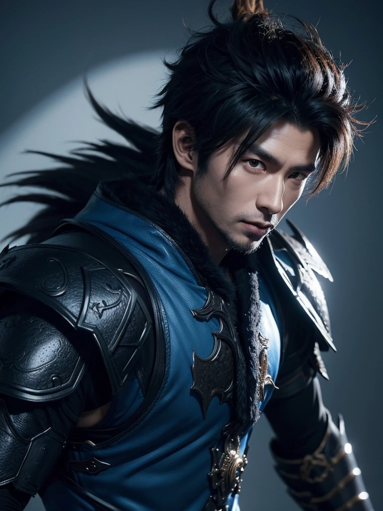 wukong \(black myth\),
1 boy, Solitary, Male focus, Delicate eyes, Shadowed side,
Fur chest, armor, Blue clothes, Scapula,
Unreal Engine, 8K, Super Detail,