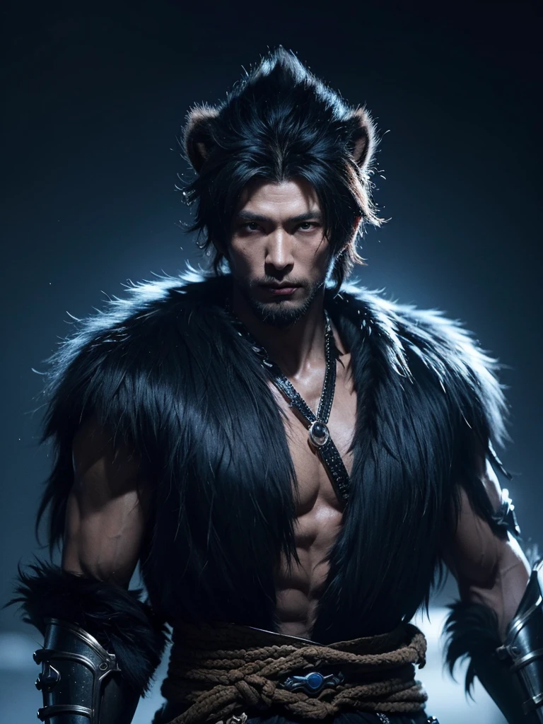 wukong \(black myth\),
1 boy, Solitary, Male focus, Delicate eyes, Shadowed side,
Fur chest, armor, Blue clothes, Scapula,
Unreal Engine, 8K, Super Detail,