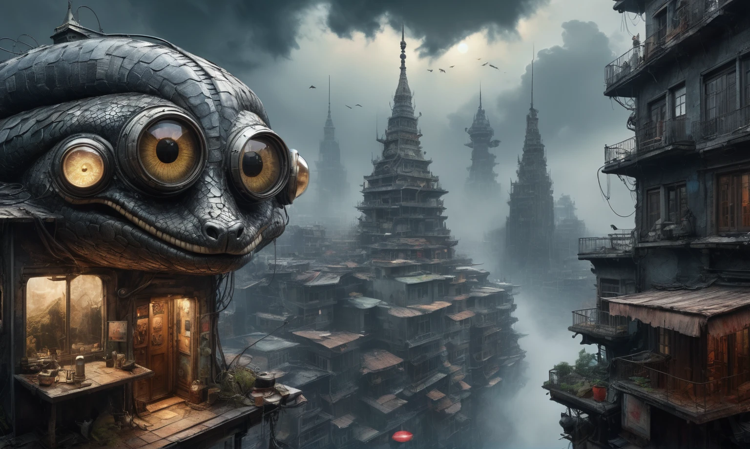 fish eyes, A Modern flat toon Crazy whit a Big ONE a Only Eye Robot USSR ,pinhead, camouflage Rusty, Ambient in a meteorite ,graphite old witch after a psychiatric clinic,winter,intricate landscape,slate grey atmosphere,film grain,,faded,snake eyes extremely detailed,another world,ring of truth,French Braid with a Twist,view from height,once pretty face,eyebrow up,full body shot,ominous landscape, Simon Stalenhag,Nicola Samori,full body shot,beggar paladium The Alien Entity,Technicolor,natural skin textures, hyper realism, hyper detailed,Extremely detailed,High contrast,Masterpiece,Realistic,Ultra Detailed, intricate details,realistic humid leather,extremly intricate,Epic Realistic, cinematic style,irina yermolova,high contrast,hdr,extremely detailed, deep night landscape,masterpiece,intricate details,faded,eyes extremely detailed, high detailed eyes,8k resolution,RAW,retina, Nikon Z9,China,Guangxi Zhuang of China,tkt style,ears perfect, transition between two art styles, Ink painting to photorealism, Double contact, X-ray, Creative, vivid light, masterpiece, fantasy, Abstract Surrealism, super detailed, high resolution, stop:35;Her skin is pale, almost translucent,ancient rock,snake's leather,a hot air soars through the layers of clouds, revealing a colossal and enigmatic cityscape nestled within. The buildings in this ethereal city are adorned with intricate details and exude an aura of mystery. Above the cityscape, lend an enchanting touch to the scene. steampunk. The intricate mechanics create a sense of wonder and fascination, as if stepping into a dreamlike realism