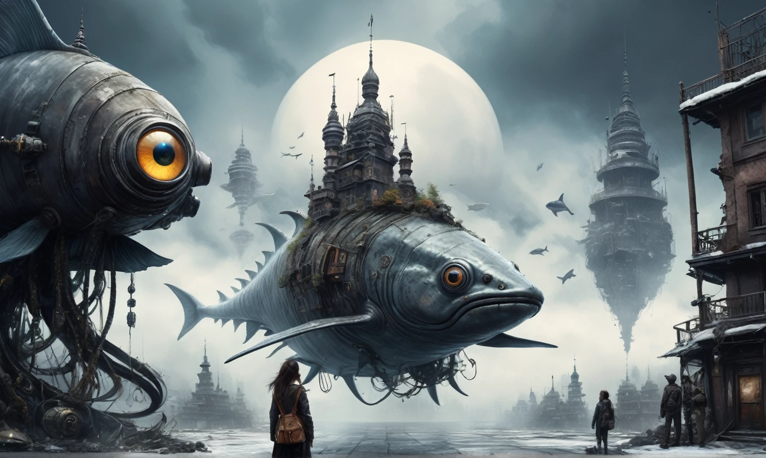 fish eyes, A Modern flat toon Crazy whit a Big ONE a Only Eye Robot USSR , and helmet Style, tongs in hands,  pinhead, camouflage Rusty, Ambient in a meteorite ,graphite old witch after a psychiatric clinic,winter,intricate landscape,slate grey atmosphere,film grain,,faded,snake eyes extremely detailed,another world,ring of truth,French Braid with a Twist,view from height,once pretty face,eyebrow up,full body shot,ominous landscape, Simon Stalenhag,Nicola Samori,full body shot,beggar paladium The Alien Entity,Technicolor,natural skin textures, hyper realism, hyper detailed,Extremely detailed,High contrast,Masterpiece,Realistic,Ultra Detailed, intricate details,realistic humid leather,extremly intricate,Epic Realistic, cinematic style,irina yermolova,high contrast,hdr,extremely detailed, deep night landscape,masterpiece,intricate details,faded,eyes extremely detailed, high detailed eyes,8k resolution,RAW,retina, Nikon Z9,China,Guangxi Zhuang of China,tkt style,ears perfect, transition between two art styles, Ink painting to photorealism, Double contact, X-ray, Creative, vivid light, masterpiece, fantasy, Abstract, Surrealism, super detailed, high resolution, stop:35;(((creature with a spectral and ghostly appearance)). Her skin is pale, almost translucent,ancient rock,sharkfish's leather,In a vibrant and mesmerizing artwork, a hot air soars through the layers of clouds, revealing a colossal and enigmatic cityscape nestled within. The buildings in this ethereal city are adorned with intricate details and exude an aura of mystery. Above the cityscape, lend an enchanting touch to the scene. steampunk. The intricate mechanics create a sense of wonder and fascination, as if stepping into a dreamlike realism