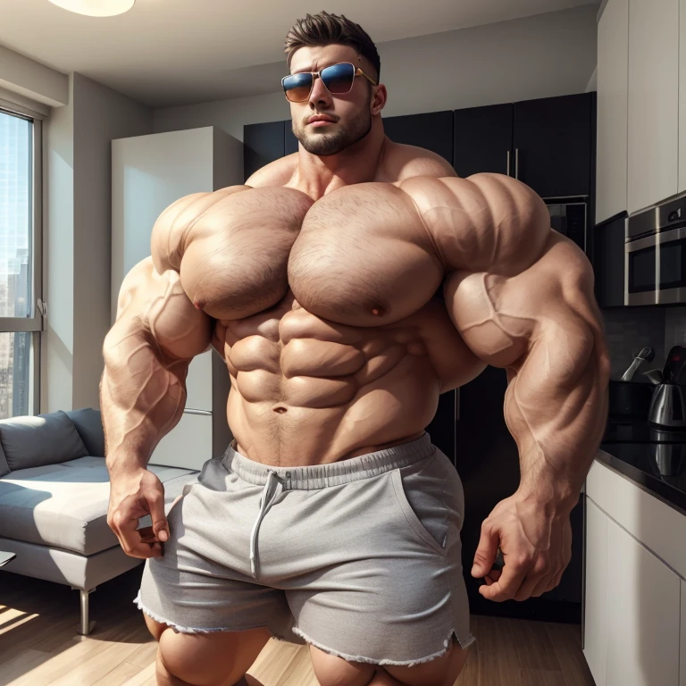 a very handsome young man, white skin, sunglasses, shirtless wearing gray shorts, exaggeratedly huge body, exaggeratedly muscular, exaggeratedly huge muscles, exaggeratedly huge arms, biceps and shoulders, with exaggeratedly huge pecs, with an exaggeratedly huge bulge, standing in an apartment
