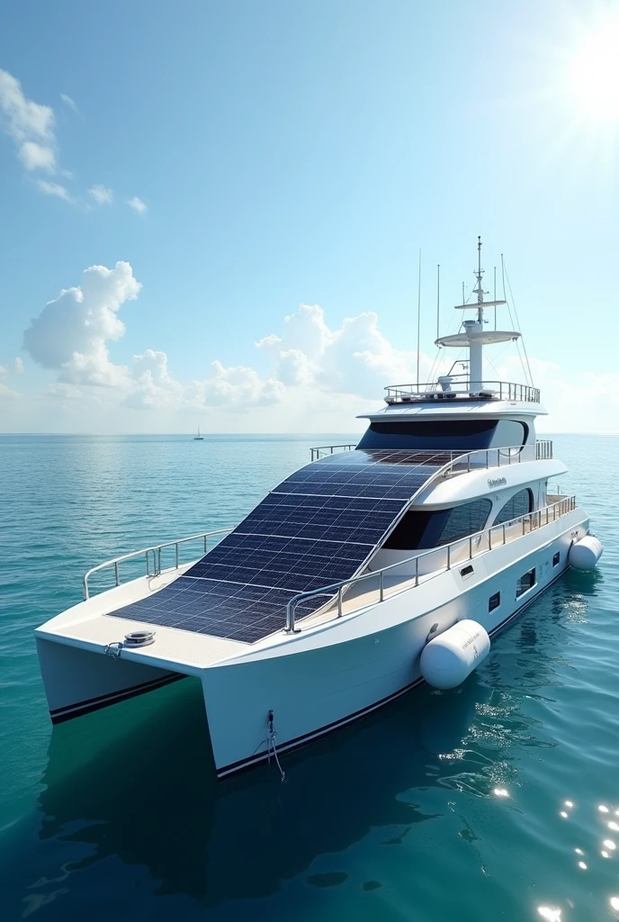 Generate flexible solar panel attached to a side of fishing boat in sea rollable mechanism solar panel which is floating on the sea cylinder part is for solar panel rolled up. The solar panel should be floating on the sea.The edges of the solar panel should be attached with balloon or floating mechanism attache a mechanism to solar panel to float , modern fishing ship, solar panel floating on the sea