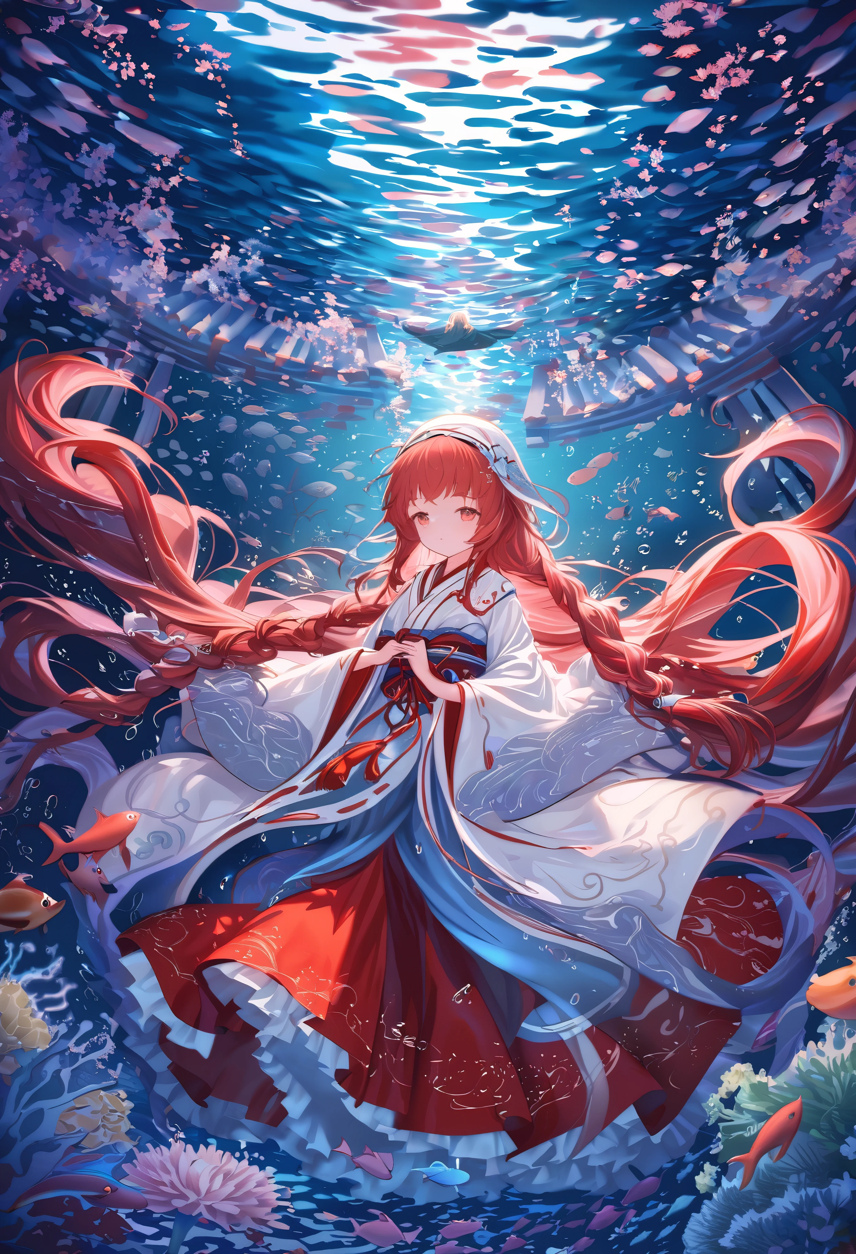 (full body), (solo), (A 7-year-old girl:1.2), (very young little girl), loli, (Solo), (small breast), (wide angle), raw photo, Aesthetic, Convoluted, Awarded, chiaroscuro, Best Quality, Detailed background, (underwater atmosphere:1.2), (underwater photo, floating drowning:1.1), ((Girl in very long shrine maiden:1.2)), detailxl, As she submerges into the watery depths, the miko-zukuri undergoes a metamorphosis, transforming into an aquatic masterpiece. The haori, once a river of pristine white silk flowing on land, now becomes an undersea current, its hem swaying with the rhythm of the water. The fabric, saturated with the essence of the sea, clings to her form, accentuating her graceful movements with an ethereal fluidity.
The embroidery on the haori, those delicate motifs of cherry blossoms and chrysanthemums, now appear as if they are blooming underwater. The threads, glistening with mother-of-pearl, seem to capture the fleeting light that filters through the water's surface, casting a soft glow around the girl, as if she were a living embodiment of the sea's hidden treasures.
The hakama, that deep crimson skirt, now mirrors the color of the ocean's heart, its brocade pattern shimmering with an underwater radiance. The metallic threads that once danced with the lightning above now reflect the subtle play of light beneath the waves, creating a mesmerizing spectacle of light and shadow that follows her every move.
Her long, flowing braid, secured with a white ribbon embroidered with cherry blossoms, now sways with the underwater currents, the ribbon fluttering like a school of tiny, white fish around her. The traditional obi around her waist, a tapestry of colors and patterns, now ripples with the water, its design taking on a life of its own, as if the threads themselves were weaving a new story within the aquatic realm.
In this underwater realm, the girl is no longer simply a shrine maiden; she is a siren of the deep, her miko-zukuri transformed into a garment