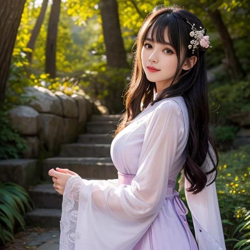 best quality, Delicate face,beautiful visual work, lifelike, eternity, black hair, Long curly hair, blunt bangs, Smile, Detailed Background, Delicate face,blush,cold,((masterpiece))、(top quality)、8k、high detail、Super detailed,31-year-old female,身穿唐制Hanfu、waist skirt, Clothes are light and fluffy,Hanfu, wide sleeves, Transparent sleeves, Long sleeve, Tunic, Clothes made of chiffon, masterpiece、born、Scenes resembling fairy tale illustrations、intricate details和複雜的設計、Beautifully、magic、capricious、 Beautifully、Dream aesthetics、「𝓡𝓸𝓶𝓪𝓷𝓽𝓲𝓬、ethereal、charming、fickle、magic」、realism、Visual effects、FXAA、SSAO、Shader、voiceless、ambient lighting、Tone mapping、High resolution、Ultra high quality、Million pixels、(8K resolution:1.10)、8k、8k以下、8K resolution、high detail、intricate details, (high quality:1.2、masterpiece:1.2、:1.21)、(31-year-old female:1.21)、(興奮地Smile)、(被dream般的氛圍所包圍、Model diagram,full-body shot,Normal 2 feet,Put your hands behind you,The protrusion of the breast is visible when wearing clothes, Large Breasts, H cup chest, antiquity, Xian Xia, gauze clothes, Soft and fluttering, Fairy, dream, fantasy, light, Elegant, nature, Immortal, romantic, classical, ribbon, light purple clothes,In the forest, Wear tulle,tulle blouse