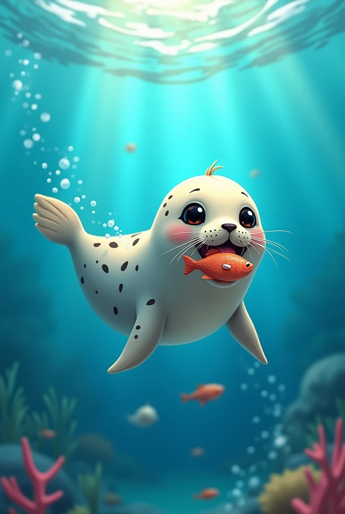 Cute seal in the sea eating meat