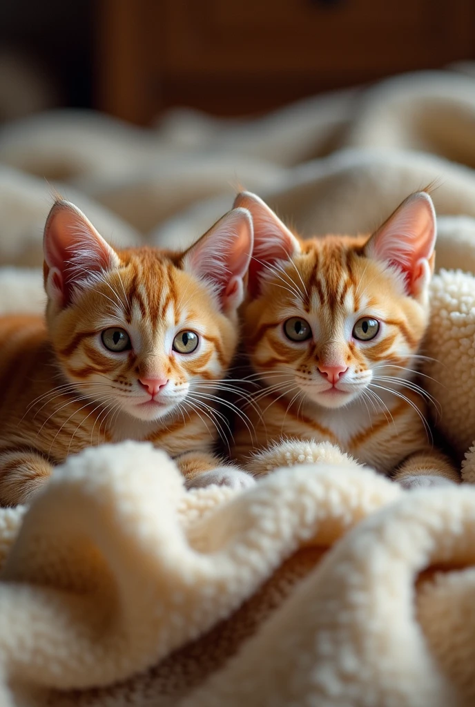 Two little cats(Brother and sister)A scene where they are lying side by side on a warm blanket.R