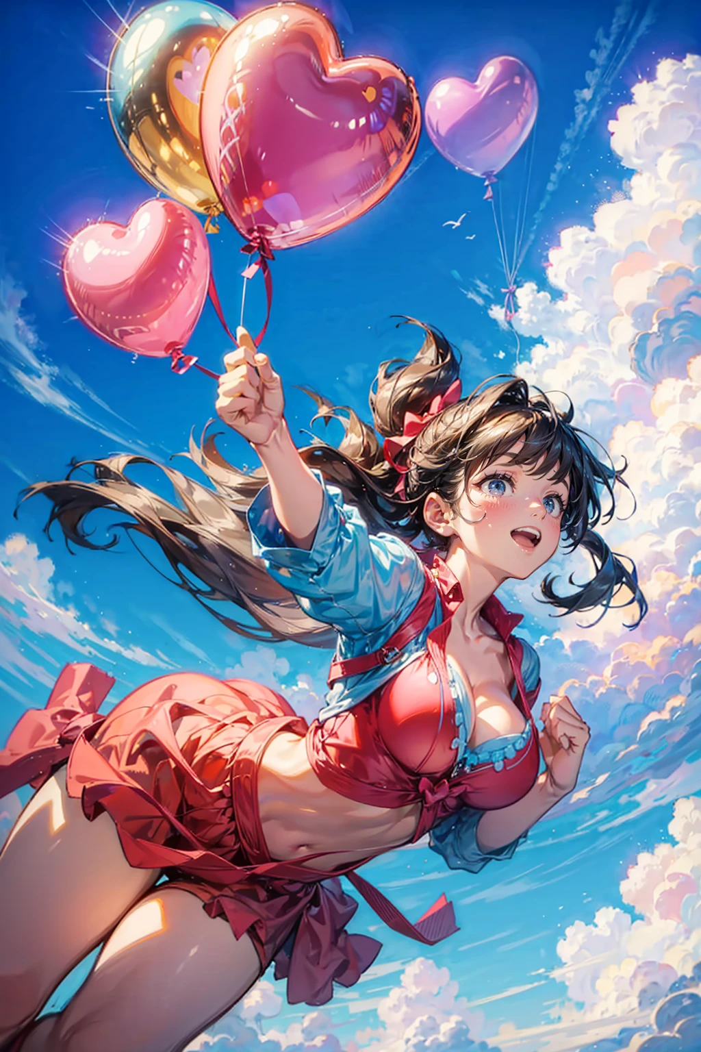 1girl,solo,cute,she has a heart balloon,around a balloons,big breast,cleavage,falling from sky,float a sky,brilliant,
