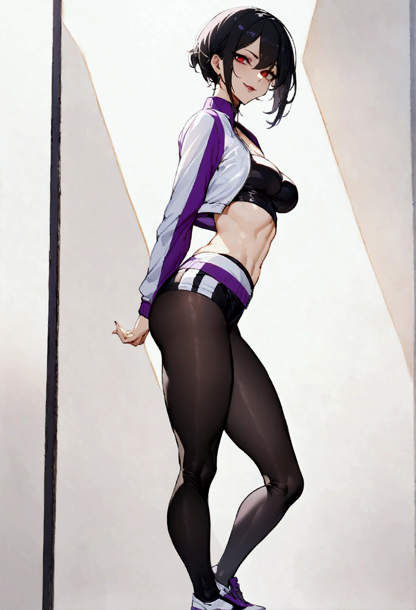 beautiful young fitness woman with , in a gym wearing May with black pantyhose, white and purple tight short gym jacket. standing alone,red eyes glowing,Evil smile,legging preto ,labiaa,dark eye shadow,shining eyes,mao nos joelhoscrouched,neckleace,jacket zipper half open,Tight black shirt,white sports tennis shoes,short hair with purple details,beautiful curves,whole body,hair with purple details,labiaa,detailed face and eyes,work of art,sexy look,crouched,pefil from sideways,from sideways
