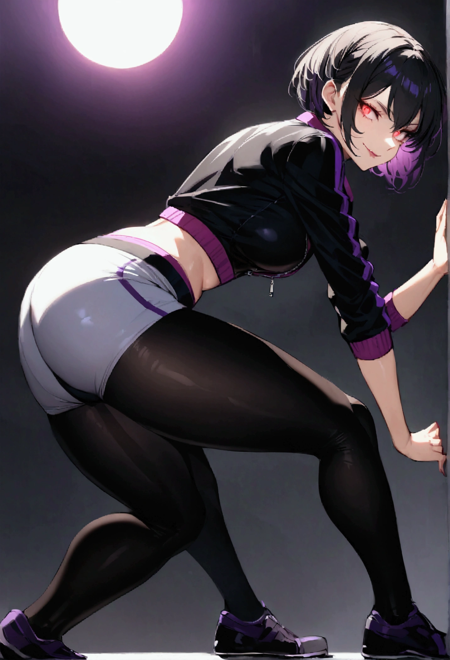 beautiful young fitness woman with , in a gym wearing May with black pantyhose, white and purple tight short gym jacket. standing alone,red eyes glowing,Evil smile,legging preto ,labiaa,dark eye shadow,shining eyes,mao nos joelhoscrouched,neckleace,jacket zipper half open,Tight black shirt,white sports tennis shoes,short hair with purple details,beautiful curves,whole body,hair with purple details,labiaa,detailed face and eyes,work of art,sexy look,crouched,pefil from sideways,from sideways