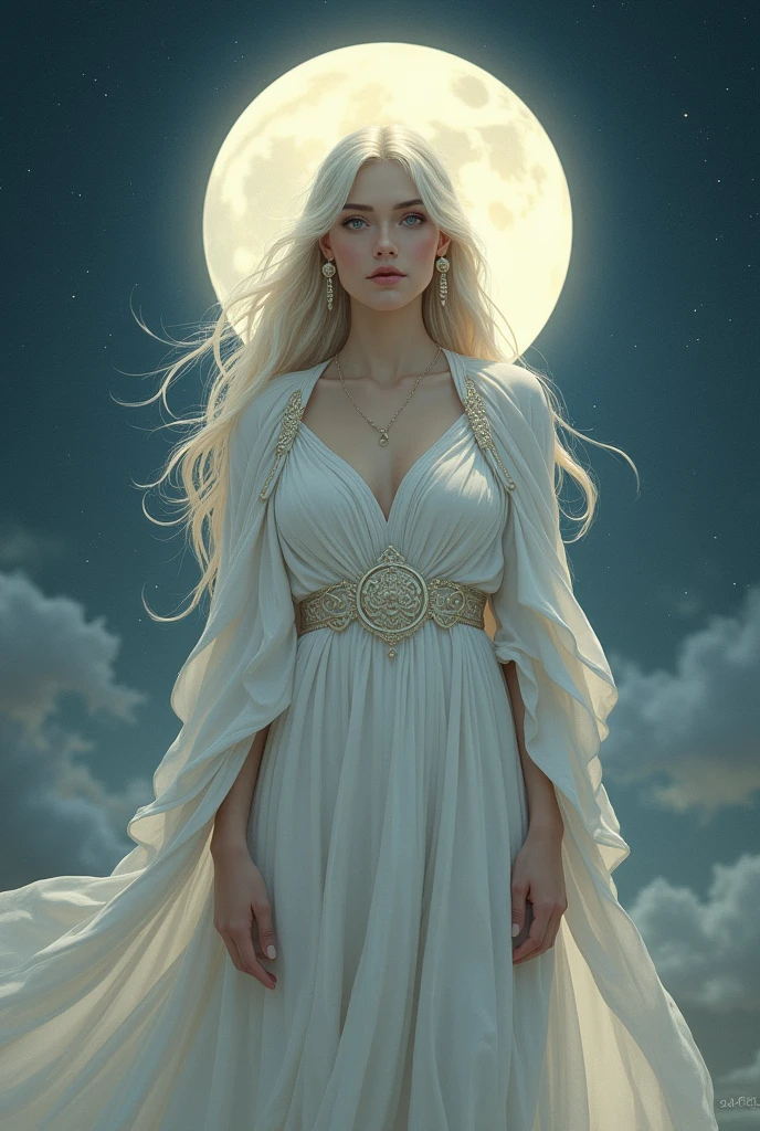 Moon Goddess　The background is a fantastic starless night　Face clearly visible　Celtic white clothing