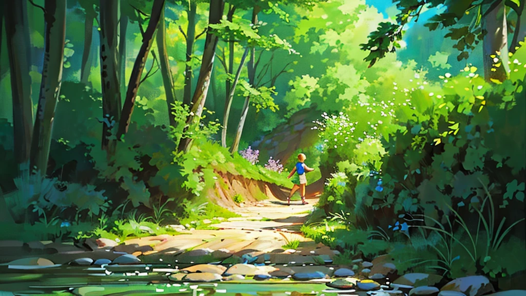 a little river run through a forest together with some flowers and sunlight