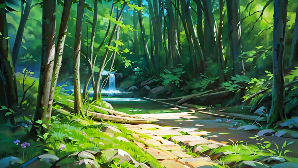 a little river run through a forest together with some flowers and sunlight