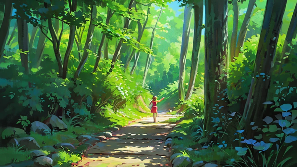 a little river run through a forest together with some flowers and sunlight