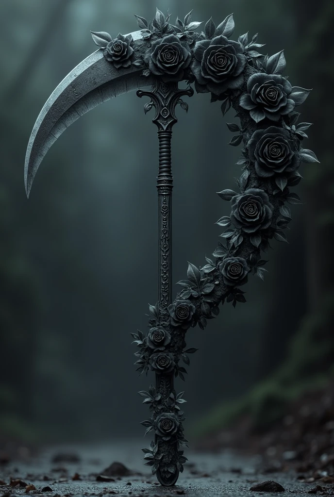 A scythe with black roses on it large larger blade